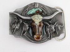 Vintage 1988 Siskiyou Longhorn Pewter Belt Buckle O-80 Cowboy Horse Cattle Drive