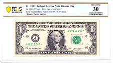 2013 $1 FRN PCGS VF30 Fancy TRUE 0/1 BINARY **STAR** Serial #J00111000*