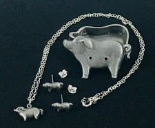 Torino  Brooch Pierced Earrings Necklace Pig Piglet Pewte rJewelry Trinket Box