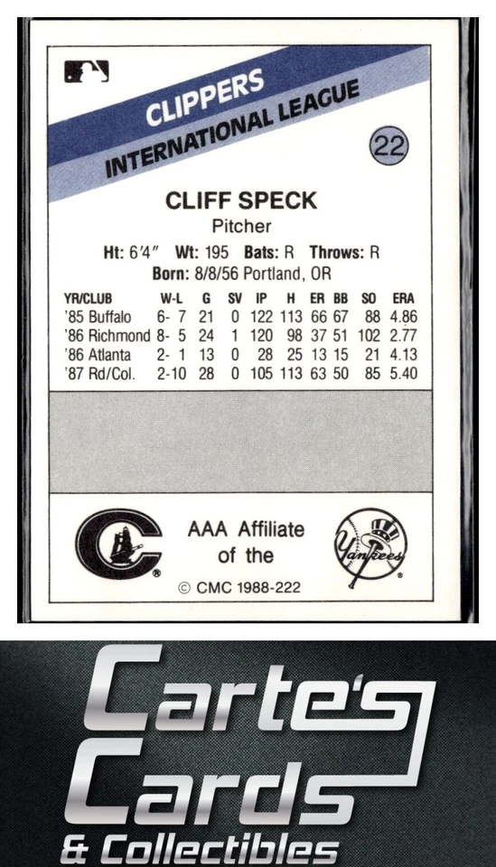 Cliff Speck 1988 CMC Columbus Clippers #22 New York Yankees - Image 2 of 2