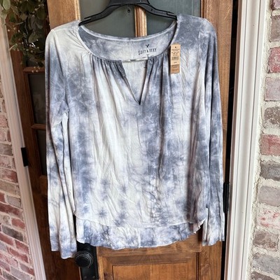American Eagle Soft & Sexy Top Womens Medium Gray Tie Dye Split Neck Long Sleeve
