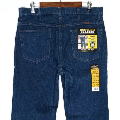 Rustler Wrangler mens regular straight jeans size 36 x 34 dark wash 100% cotton - Image 1 of 4