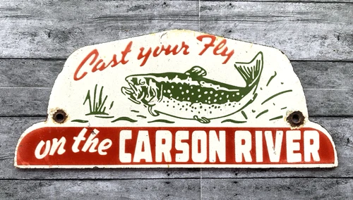 VINTAGE 8x3.5" on the CARSON RIVER PORCELAIN FISHING GAS OIL PUMP STATION SIGN