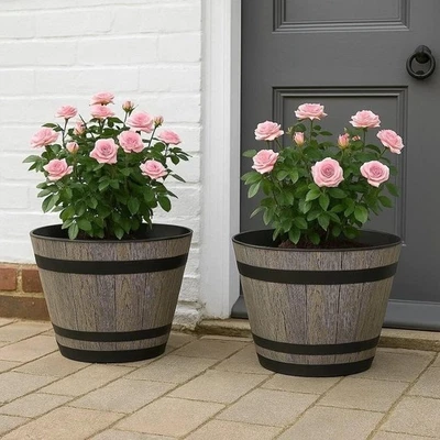 DIVAS WORLD 2Pc Plastic Whiskey Barrel Planter Brown Ash Outdoor Garden Plant Pot