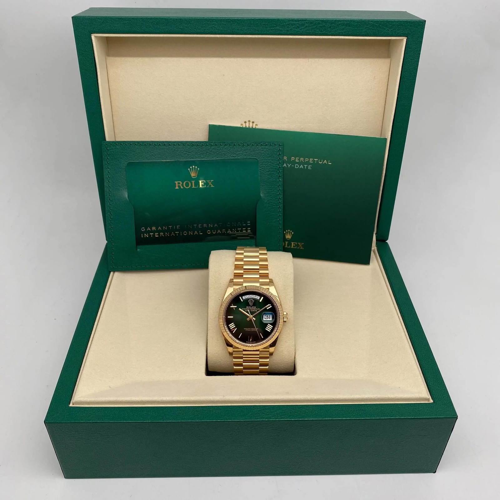 Rolex Day-Date 36 128238 President Yellow Gold Green Ombre Dial Watch B&P