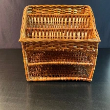 Vintage Wicker Desk Organizer Mail Sorter Letter Holder Office Supplies Storage