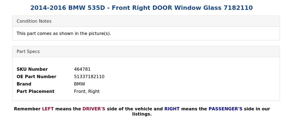 BMW 535D 2014-2016 - cristal ventana puerta delantera derecha 7182110 Foto 3 de 4