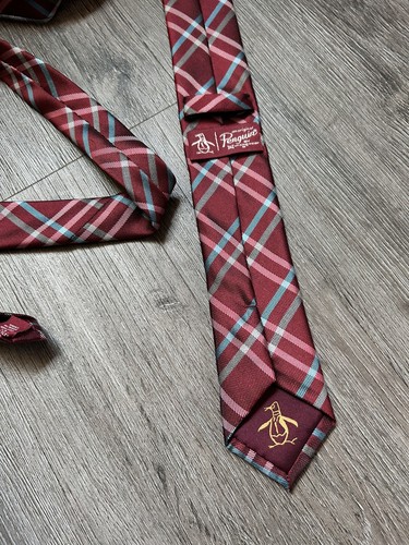 Original Penguin by Munsingwear Plaid Red Light Blue White Silk Blend Necktie