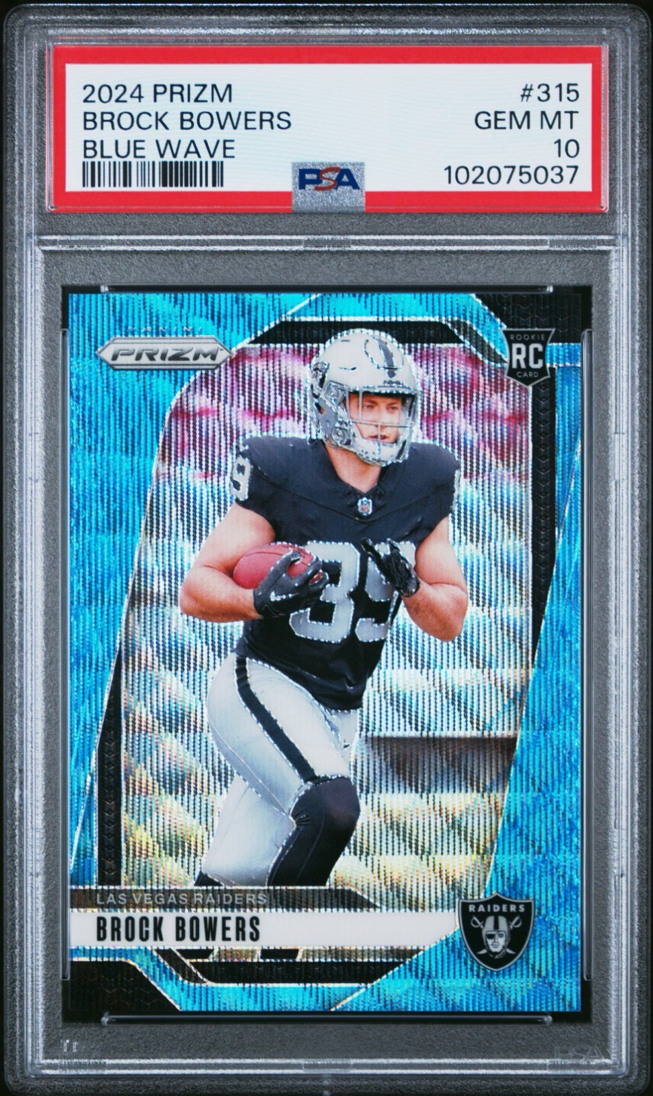 BROCK BOWERS 2024 PRIZM NFL FOOTBALL #315 BLUE WAVE /230 PSA 10