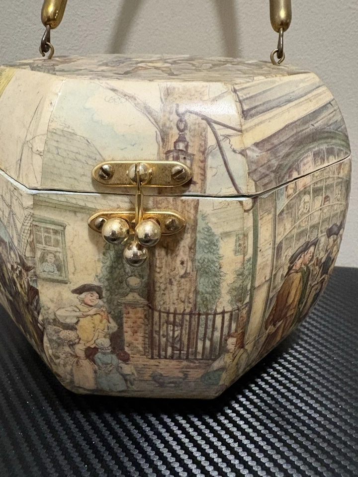 Cartera de Colección Anton Pieck Madera Octágono Decoupage Caja Mango Negro Tono Dorado Foto 2 de 4