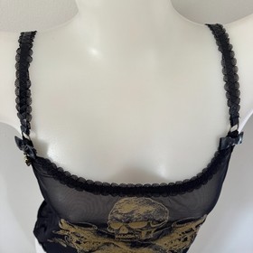 AGENT PROVOCATEUR Sheer SKULL & BONES Gold Pirate Print Tank Top PVC Charm AP M