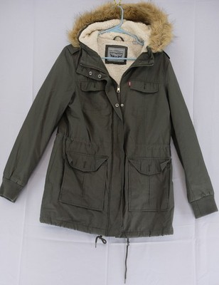 Levi's Women's Olive Green Sherpa Lined Parka Jacket Faux Fur Hood M