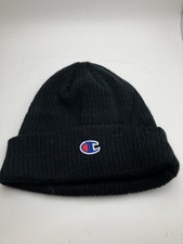 Champion Hat Beanie Knit Cuffed Black One Size Mens Embroidered Logo Winter