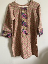 Beige Pink Green Floral Embroidered cotton khadar Women's Kurta