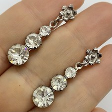 Vtg Triple Clear Rhinestone Cocktail Silvertone Flower Earrings Post Dangle
