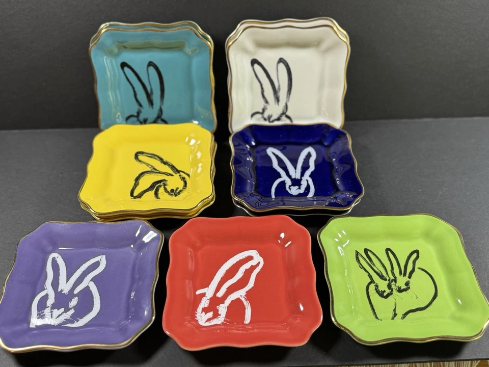 HUNT SLONEM Retrato de Conejo 5" Placa con Borde Dorado TÚ ELIGES Ver Descripción Foto 3 de 4