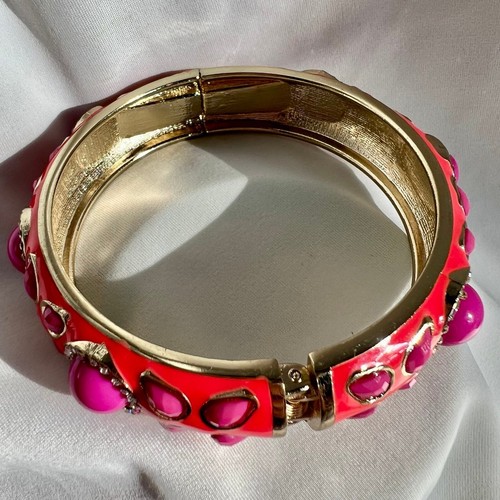 Sequin Brand Orange Hot Pink Cabochon Stone Gold Tone Hinge Bangle Bracelet - Picture 6 of 8