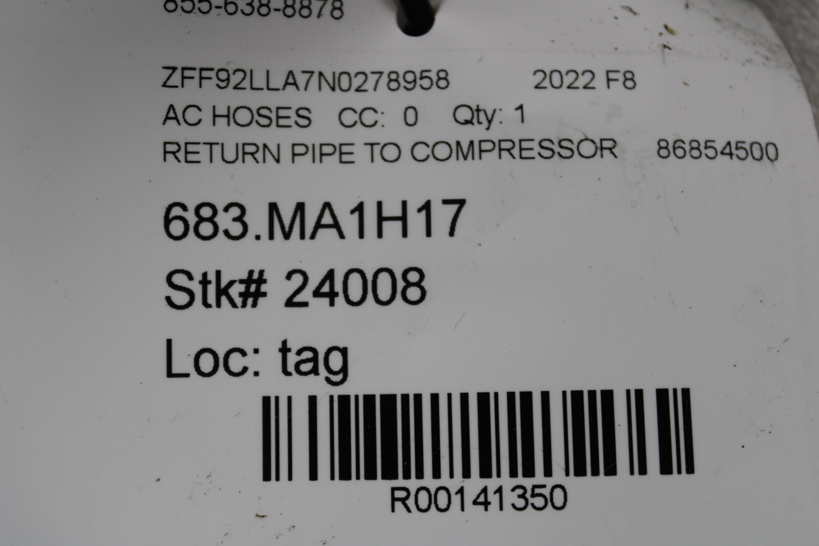 Ferrari F8 Tributo, 488, AC Compressor Return Hose, Used, P/N 86854500