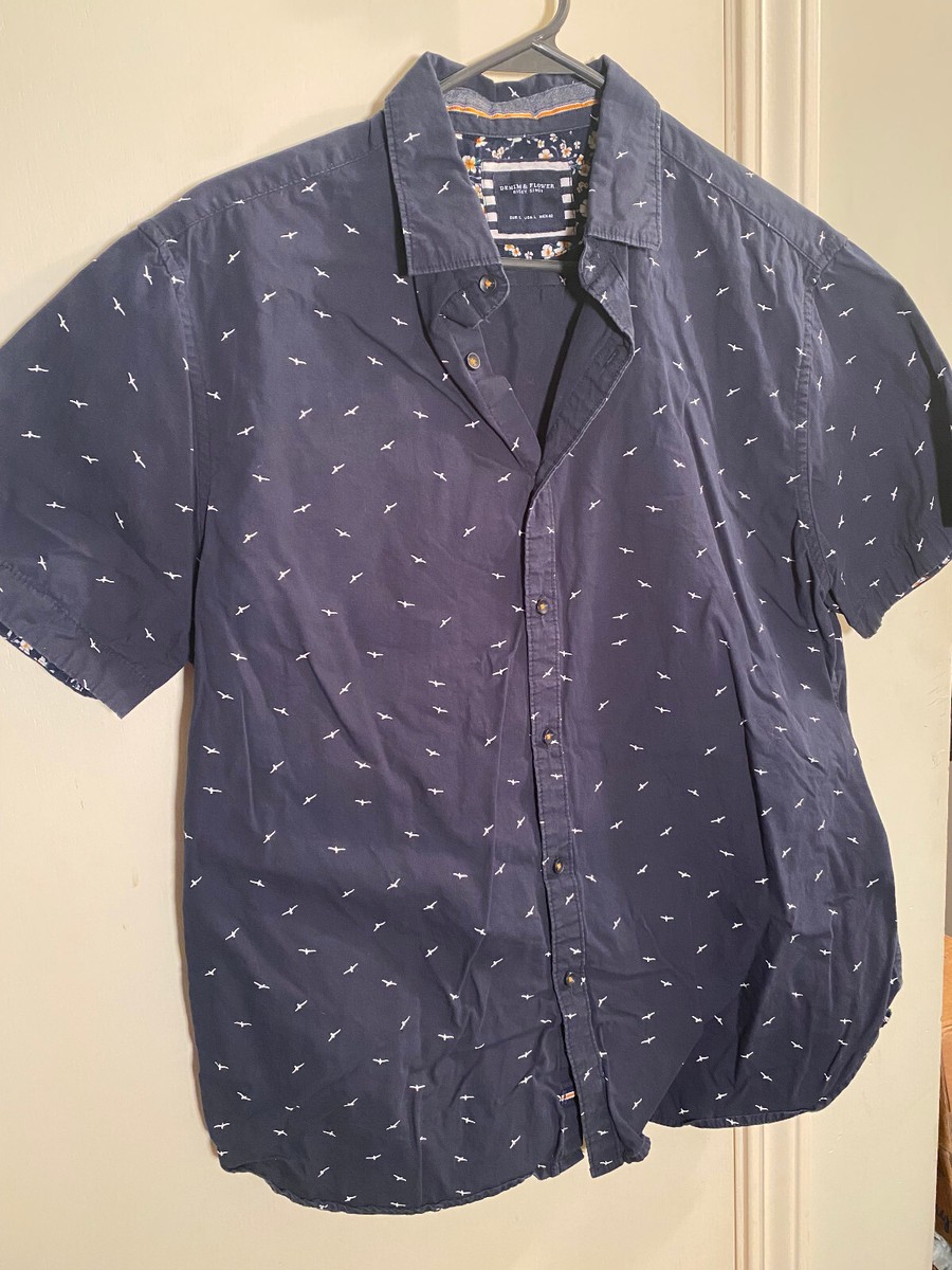 Denim Flower Ricky Singh Mens Shirt L Navy Bird Print Short