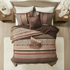 NEW   COZY MODERN COUNTRY LODGE TAUPE LOG CABIN RED BURGUNDY BROWN QUILT SET