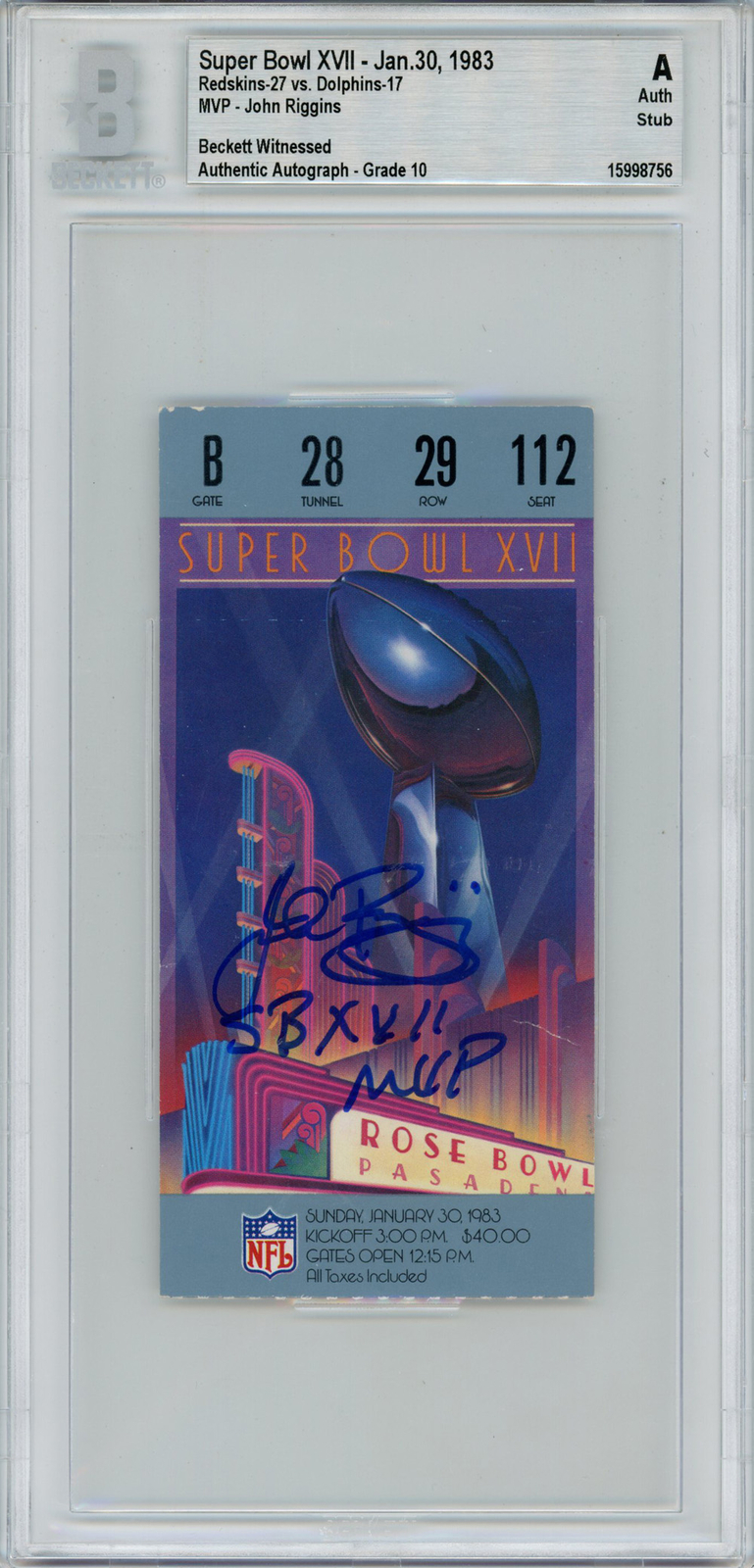 John Riggins Autographed Signed Super Bowl Xvii Ticket Stub Sb MVP Beckett Slab 42984 
