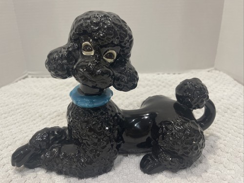 Large 12” Long Vintage MCM Studio Pottery Black Glossy Ceramic Poodle Dog Figure