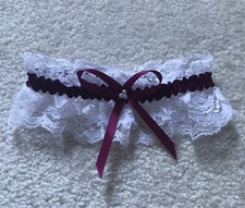 Womens Garter White Lace Burgundy Ribbon Bow Brides Wedding Keepsake Throw