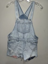Old Navy Denim Short Overalls Girls L 10-12 Distressed 4th Of July Print Cutoff