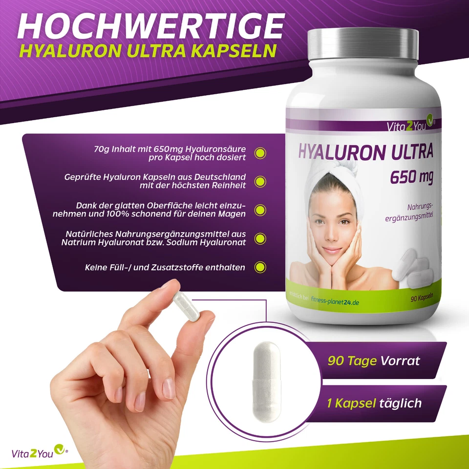 Vita2You Hyaluronsäure Ultra - 650mg - 90 Kapseln - Hochdosiert - ohne Zusätze - Bild 2 von 4