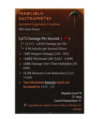 Diablo 4 S14 Ferocious Gastraphetes 0GA Max Aspect Legendary Ring Gear Equipment
