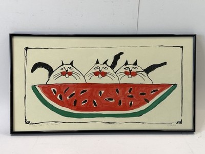 Folk Art Martha Wahlert  Signed Watercolor  Three Cats On The Fourth  Framed