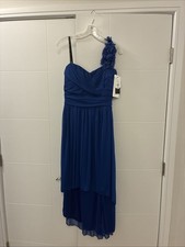 David’s Bridal royal blue one-shoulder formal dress W/floral embellishments S 18