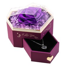Heart Shape Preserved Real Rose Box with Necklace, Forever I Love You Roses G...