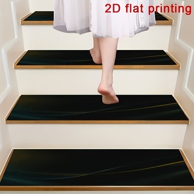 Minimalist Black And Green Gradient 2D Printed Stair Mats, Non-Slip Step Pads,