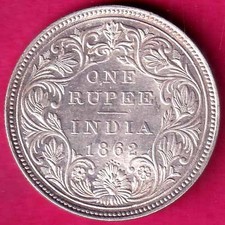 BRITISH INDIA (0/5 DOTS) 1862 VICTORIA QUEEN ONE RUPEE BEAUTIFUL SILVER COIN#Q45