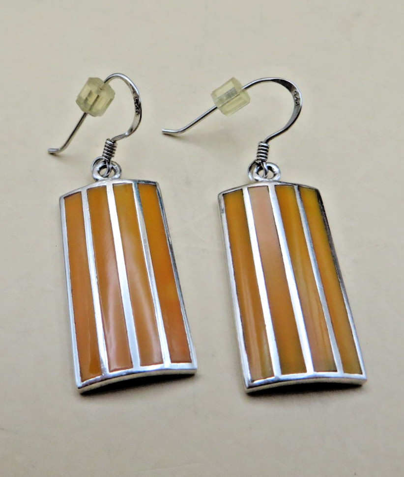 Orange Enamel Stripe Rectangular Sterling Silver … - image 4