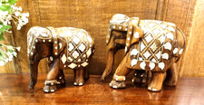 MOTHER/CHILD Indian CARVED & INLAID SET of 2 WOODEN ELEPHANTS/ORNAMENTS/STATUES