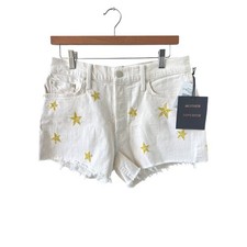 MOTHER SUPERIOR Tomcat Kick Fray Denim Shorts 30 Cream Gold Stars High Rise NWT