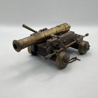 Vintage Brass Model Naval Cannon w/ Wood Carriage & Chains 14cm CV#691