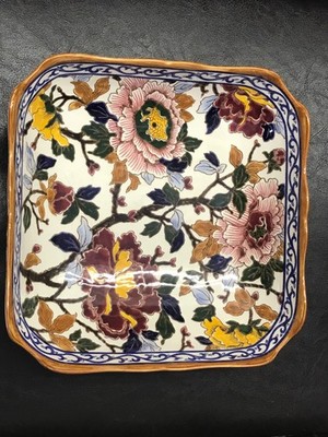 Vintage Gien France Ceramic Bowl 1940s Pivoine Peony SQUARE bowl Signed