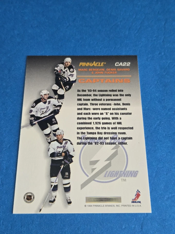 BERGEVIN + SAVARD + TUCKER  1993-94 SCORE PINNACLE - CAPTAINS  INSERT CARD #CA22 - Image 2 of 2