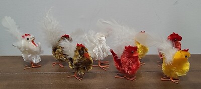 7 Vintage Chenille Feather Wire Feet Easter Chicks & Roosters Easter Made Japan