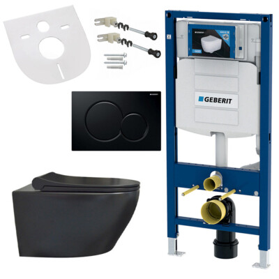 Hänge WC spülrandlos mit Softclose, Geberit Vorwandelement, Platte schwarz
