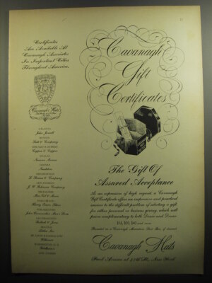 1951 Cavanagh Hats Ad - Gift Certificates The Gift of Assured Acceptance