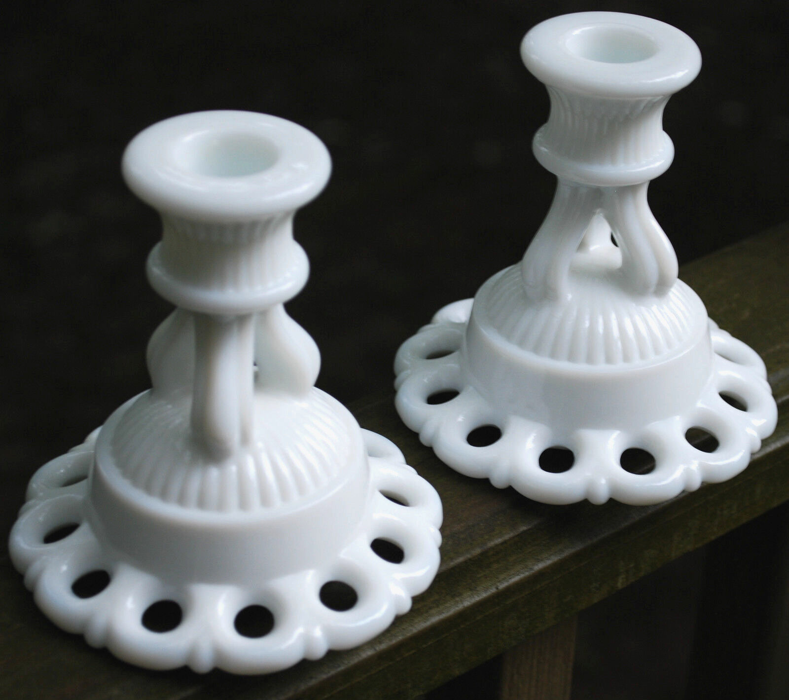 DORIC Westmoreland WHITE MILK GLASS Lacy Matched Pair of 2 CANDLESTICK HOLDERS 