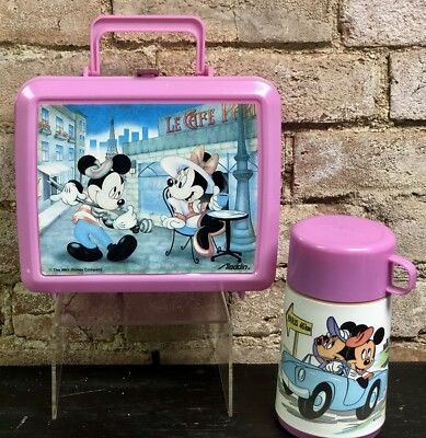 Vintage Mickey Minnie Mouse Le Cafe Aladdin Pink Plastic Lunch Box