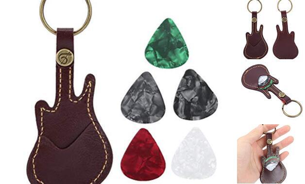 Guitar Shaped Guitar Picks Holder Case PU Leather Guitar Plectrum Holder Brown