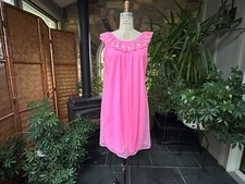 Vintage 1960s 1970s Bright Pink Nylon Embroidered Nightgown