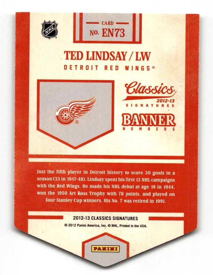 Ted Lindsay 2012-13 Panini Classics Signatures Banner Numbers #EN73 Detroit Red - Image 2 of 2