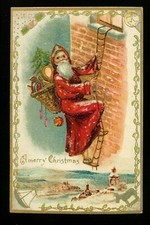 Christmas Santa postcard Red robe toys horse ball tree climing ladder Germany